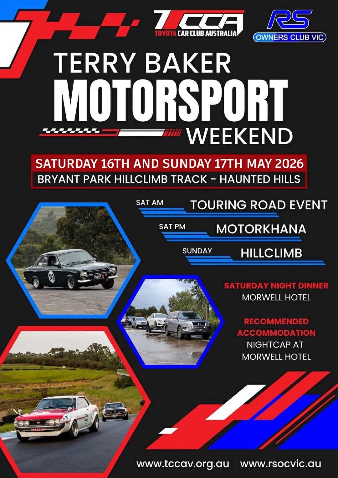 Terry Baker Motorsport Weekend 2026 poster — TCCA and RSOCVic, 16-17 May 2026 at Haunted Hills