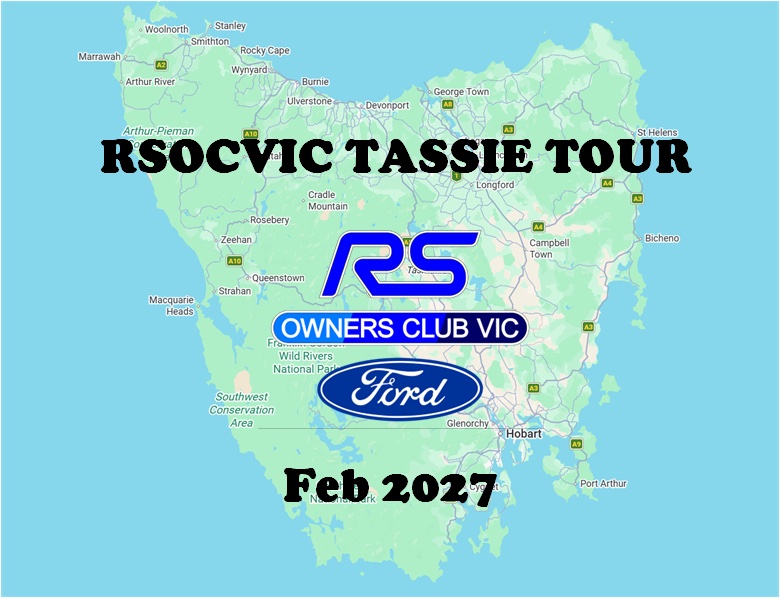 RSOCVIC Tassie Tour poster: map of Tasmania with the RS Owners Club Vic and Ford logos, February 2027