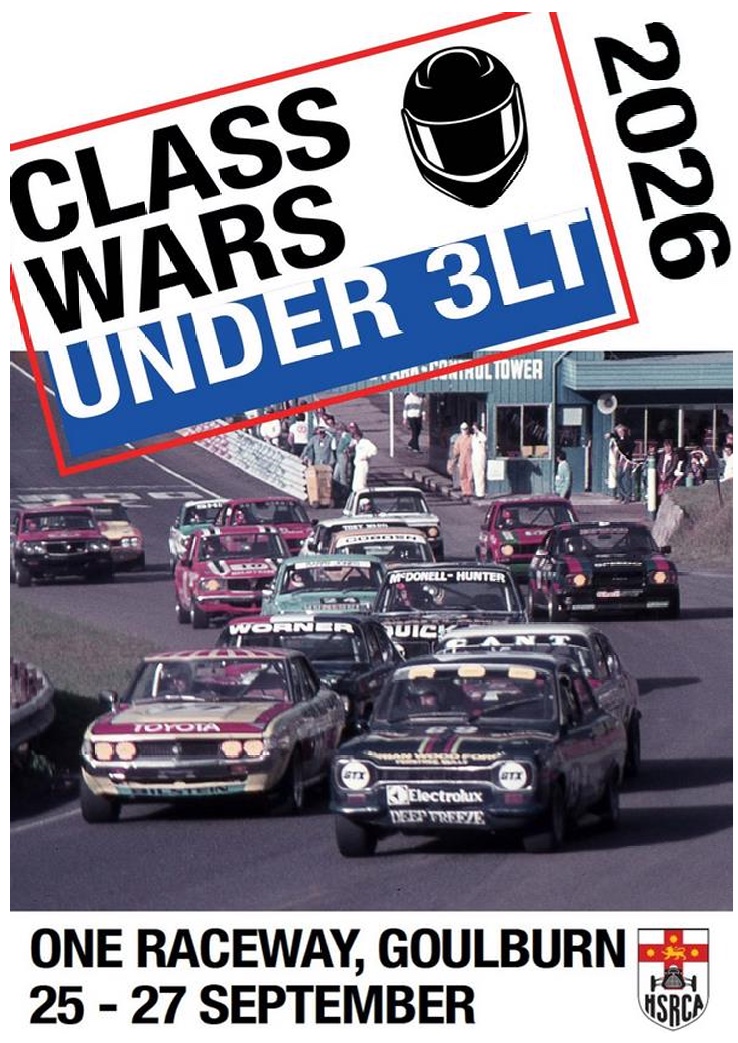 Class Wars 2026 Under 3 Litre poster: historic Group C touring cars racing at One Raceway, Goulburn, 25-27 September